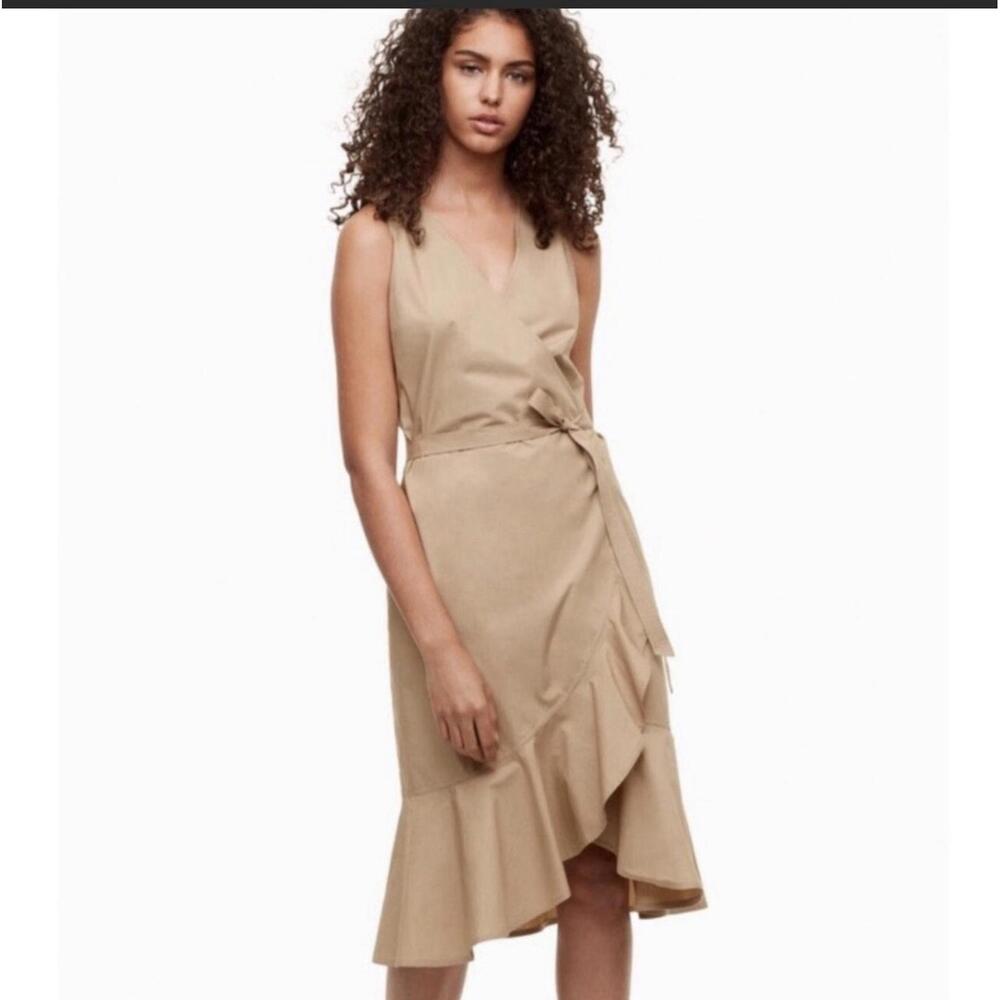 Aritzia Babaton True wrap Dress cotton sleeveless ruffle khaki tan Size Small‎